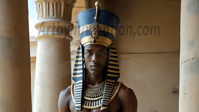 King Tutankhamun - Egyptian Pharaoh. An AI generated photo of the teenaged Egyptian Faro standing proud. Wearing a shendyt, leaving the legs & hips exposed, an elaborate headdresses, arm cuffs, and jewelry, to symbolize his power and divine status. The young Egyptian Faro is in an Grand Egyptian temple with golden pillars and vibrantly colored Egyptian hieroglyphs.