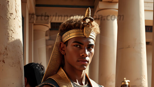 King Tutankhamun - Egyptian Pharaoh. An AI generated photo of the teenaged Egyptian Faro standing proud. Wearing a shendyt, leaving the legs & hips exposed, an elaborate headdresses, arm cuffs, and jewelry, to symbolize his power and divine status. The young Egyptian Faro is in an Grand Egyptian temple with golden pillars and vibrantly colored Egyptian hieroglyphs.
