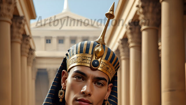 King Tutankhamun - Egyptian Pharaoh. An AI generated photo of the teenaged Egyptian Faro standing proud. Wearing a shendyt, leaving the legs & hips exposed, an elaborate headdresses, arm cuffs, and jewelry, to symbolize his power and divine status. The young Egyptian Faro is in an Grand Egyptian temple with golden pillars and vibrantly colored Egyptian hieroglyphs.