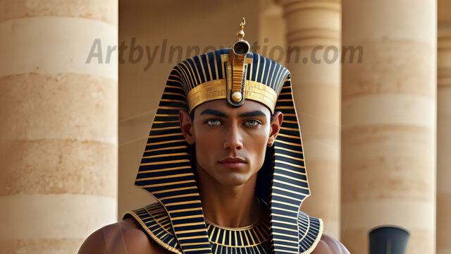 King Tutankhamun - Egyptian Pharaoh. An AI generated photo of the teenaged Egyptian Faro standing proud. Wearing a shendyt, leaving the legs & hips exposed, an elaborate headdresses, arm cuffs, and jewelry, to symbolize his power and divine status. The young Egyptian Faro is in an Grand Egyptian temple with golden pillars and vibrantly colored Egyptian hieroglyphs.