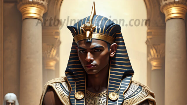 King Tutankhamun - Egyptian Pharaoh. An AI generated photo of the teenaged Egyptian Faro standing proud. Wearing a shendyt, leaving the legs & hips exposed, an elaborate headdresses, arm cuffs, and jewelry, to symbolize his power and divine status. The young Egyptian Faro is in an Grand Egyptian temple with golden pillars and vibrantly colored Egyptian hieroglyphs.