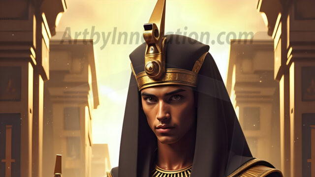King Tutankhamun - Egyptian Pharaoh. An AI generated photo of the teenaged Egyptian Faro standing proud. Wearing a shendyt, leaving the legs & hips exposed, an elaborate headdresses, arm cuffs, and jewelry, to symbolize his power and divine status. The young Egyptian Faro is in an Grand Egyptian temple with golden pillars and vibrantly colored Egyptian hieroglyphs.