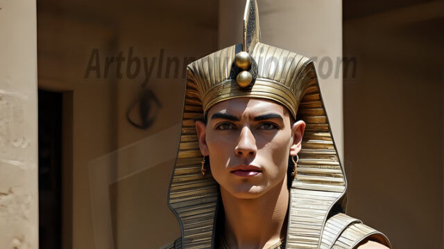 King Tutankhamun - Egyptian Pharaoh. An AI generated photo of the teenaged Egyptian Faro standing proud. Wearing a shendyt, leaving the legs & hips exposed, an elaborate headdresses, arm cuffs, and jewelry, to symbolize his power and divine status. The young Egyptian Faro is in an Grand Egyptian temple with golden pillars and vibrantly colored Egyptian hieroglyphs.