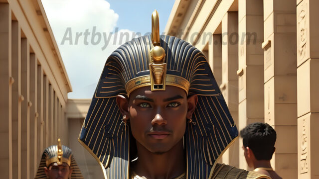 King Tutankhamun - Egyptian Pharaoh. An AI generated photo of the teenaged Egyptian Faro standing proud. Wearing a shendyt, leaving the legs & hips exposed, an elaborate headdresses, arm cuffs, and jewelry, to symbolize his power and divine status. The young Egyptian Faro is in an Grand Egyptian temple with golden pillars and vibrantly colored Egyptian hieroglyphs.