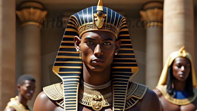 King Tutankhamun - Egyptian Pharaoh. An AI generated photo of the teenaged Egyptian Faro standing proud. Wearing a shendyt, leaving the legs & hips exposed, an elaborate headdresses, arm cuffs, and jewelry, to symbolize his power and divine status. The young Egyptian Faro is in an Grand Egyptian temple with golden pillars and vibrantly colored Egyptian hieroglyphs.