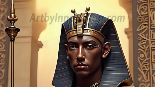 King Tutankhamun - Egyptian Pharaoh. An AI generated photo of the teenaged Egyptian Faro standing proud. Wearing a shendyt, leaving the legs & hips exposed, an elaborate headdresses, arm cuffs, and jewelry, to symbolize his power and divine status. The young Egyptian Faro is in an Grand Egyptian temple with golden pillars and vibrantly colored Egyptian hieroglyphs.