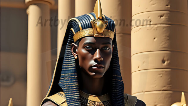 King Tutankhamun - Egyptian Pharaoh. An AI generated photo of the teenaged Egyptian Faro standing proud. Wearing a shendyt, leaving the legs & hips exposed, an elaborate headdresses, arm cuffs, and jewelry, to symbolize his power and divine status. The young Egyptian Faro is in an Grand Egyptian temple with golden pillars and vibrantly colored Egyptian hieroglyphs.