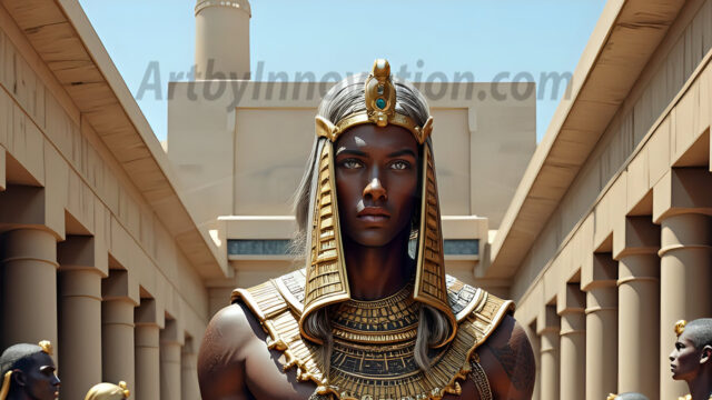 King Tutankhamun - Egyptian Pharaoh. An AI generated photo of the teenaged Egyptian Faro standing proud. Wearing a shendyt, leaving the legs & hips exposed, an elaborate headdresses, arm cuffs, and jewelry, to symbolize his power and divine status. The young Egyptian Faro is in an Grand Egyptian temple with golden pillars and vibrantly colored Egyptian hieroglyphs.
