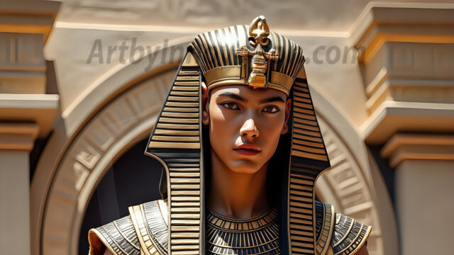 King Tutankhamun - Egyptian Pharaoh. An AI generated photo of the teenaged Egyptian Faro standing proud. Wearing a shendyt, leaving the legs & hips exposed, an elaborate headdresses, arm cuffs, and jewelry, to symbolize his power and divine status. The young Egyptian Faro is in an Grand Egyptian temple with golden pillars and vibrantly colored Egyptian hieroglyphs.