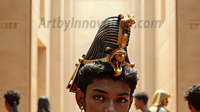 King Tutankhamun - Egyptian Pharaoh. An AI generated photo of the teenaged Egyptian Faro standing proud. Wearing a shendyt, leaving the legs & hips exposed, an elaborate headdresses, arm cuffs, and jewelry, to symbolize his power and divine status. The young Egyptian Faro is in an Grand Egyptian temple with golden pillars and vibrantly colored Egyptian hieroglyphs.