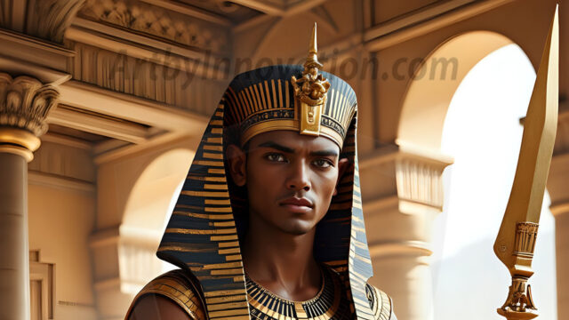 King Tutankhamun - Egyptian Pharaoh. An AI generated photo of the teenaged Egyptian Faro standing proud. Wearing a shendyt, leaving the legs & hips exposed, an elaborate headdresses, arm cuffs, and jewelry, to symbolize his power and divine status. The young Egyptian Faro is in an Grand Egyptian temple with golden pillars and vibrantly colored Egyptian hieroglyphs.