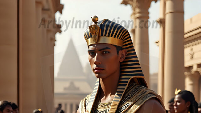 King Tutankhamun - Egyptian Pharaoh. An AI generated photo of the teenaged Egyptian Faro standing proud. Wearing a shendyt, leaving the legs & hips exposed, an elaborate headdresses, arm cuffs, and jewelry, to symbolize his power and divine status. The young Egyptian Faro is in an Grand Egyptian temple with golden pillars and vibrantly colored Egyptian hieroglyphs.
