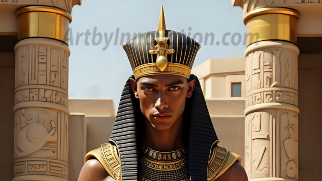 King Tutankhamun - Egyptian Pharaoh. An AI generated photo of the teenaged Egyptian Faro standing proud. Wearing a shendyt, leaving the legs & hips exposed, an elaborate headdresses, arm cuffs, and jewelry, to symbolize his power and divine status. The young Egyptian Faro is in an Grand Egyptian temple with golden pillars and vibrantly colored Egyptian hieroglyphs.