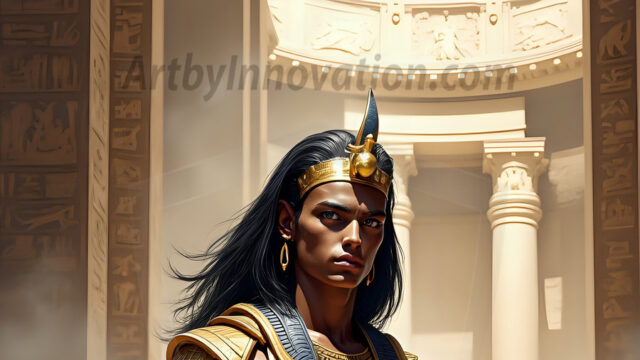 King Tutankhamun - Egyptian Pharaoh. An AI generated photo of the teenaged Egyptian Faro standing proud. Wearing a shendyt, leaving the legs & hips exposed, an elaborate headdresses, arm cuffs, and jewelry, to symbolize his power and divine status. The young Egyptian Faro is in an Grand Egyptian temple with golden pillars and vibrantly colored Egyptian hieroglyphs.