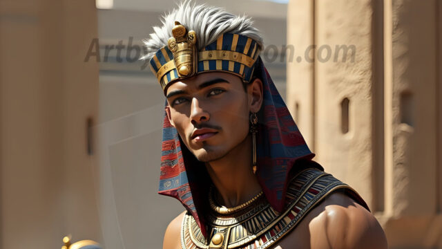 King Tutankhamun - Egyptian Pharaoh. An AI generated photo of the teenaged Egyptian Faro standing proud. Wearing a shendyt, leaving the legs & hips exposed, an elaborate headdresses, arm cuffs, and jewelry, to symbolize his power and divine status. The young Egyptian Faro is in an Grand Egyptian temple with golden pillars and vibrantly colored Egyptian hieroglyphs.