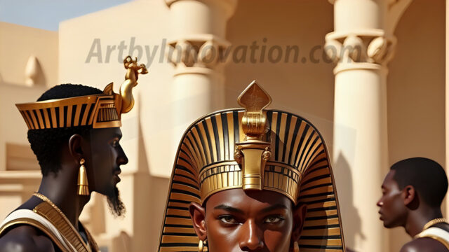 King Tutankhamun - Egyptian Pharaoh. An AI generated photo of the teenaged Egyptian Faro standing proud. Wearing a shendyt, leaving the legs & hips exposed, an elaborate headdresses, arm cuffs, and jewelry, to symbolize his power and divine status. The young Egyptian Faro is in an Grand Egyptian temple with golden pillars and vibrantly colored Egyptian hieroglyphs.