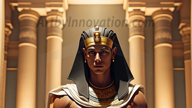 King Tutankhamun - Egyptian Pharaoh. An AI generated photo of the teenaged Egyptian Faro standing proud. Wearing a shendyt, leaving the legs & hips exposed, an elaborate headdresses, arm cuffs, and jewelry, to symbolize his power and divine status. The young Egyptian Faro is in an Grand Egyptian temple with golden pillars and vibrantly colored Egyptian hieroglyphs.