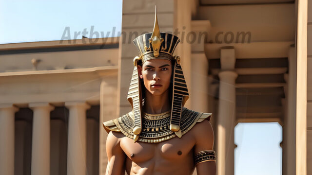 King Tutankhamun - Egyptian Pharaoh. An AI generated photo of the teenaged Egyptian Faro standing proud. Wearing a shendyt, leaving the legs & hips exposed, an elaborate headdresses, arm cuffs, and jewelry, to symbolize his power and divine status. The young Egyptian Faro is in an Grand Egyptian temple with golden pillars and vibrantly colored Egyptian hieroglyphs.