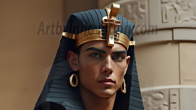 King Tutankhamun - Egyptian Pharaoh. An AI generated photo of the teenaged Egyptian Faro standing proud. Wearing a shendyt, leaving the legs & hips exposed, an elaborate headdresses, arm cuffs, and jewelry, to symbolize his power and divine status. The young Egyptian Faro is in an Grand Egyptian temple with golden pillars and vibrantly colored Egyptian hieroglyphs.