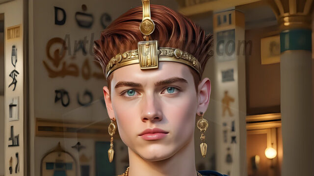 King Tutankhamun - Egyptian Pharaoh. An AI generated photo of the teenaged Egyptian Faro standing proud. Wearing a shendyt, leaving the legs & hips exposed, an elaborate headdresses, arm cuffs, and jewelry, to symbolize his power and divine status. The young Egyptian Faro is in an Grand Egyptian temple with golden pillars and vibrantly colored Egyptian hieroglyphs.