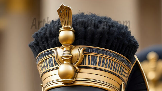 King Tutankhamun - Egyptian Pharaoh. An AI generated photo of the teenaged Egyptian Faro standing proud. Wearing a shendyt, leaving the legs & hips exposed, an elaborate headdresses, arm cuffs, and jewelry, to symbolize his power and divine status. The young Egyptian Faro is in an Grand Egyptian temple with golden pillars and vibrantly colored Egyptian hieroglyphs.