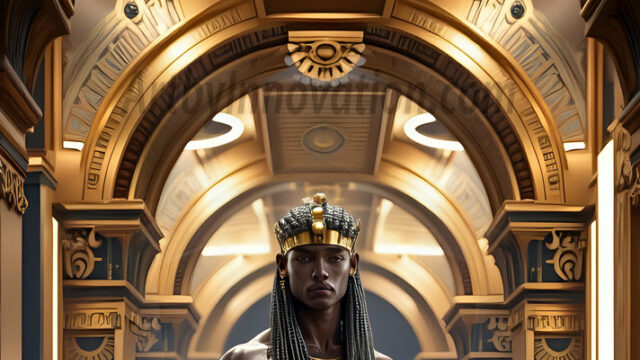 King Tutankhamun - Egyptian Pharaoh. An AI generated photo of the teenaged Egyptian Faro standing proud. Wearing a shendyt, leaving the legs & hips exposed, an elaborate headdresses, arm cuffs, and jewelry, to symbolize his power and divine status. The young Egyptian Faro is in an Grand Egyptian temple with golden pillars and vibrantly colored Egyptian hieroglyphs.