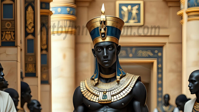 King Tutankhamun - Egyptian Pharaoh. An AI generated photo of the teenaged Egyptian Faro standing proud. Wearing a shendyt, leaving the legs & hips exposed, an elaborate headdresses, arm cuffs, and jewelry, to symbolize his power and divine status. The young Egyptian Faro is in an Grand Egyptian temple with golden pillars and vibrantly colored Egyptian hieroglyphs.