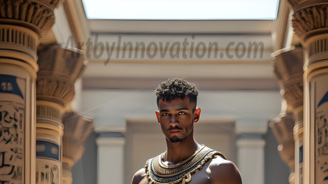King Tutankhamun - Egyptian Pharaoh. An AI generated photo of the teenaged Egyptian Faro standing proud. Wearing a shendyt, leaving the legs & hips exposed, an elaborate headdresses, arm cuffs, and jewelry, to symbolize his power and divine status. The young Egyptian Faro is in an Grand Egyptian temple with golden pillars and vibrantly colored Egyptian hieroglyphs.
