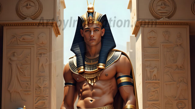 King Tutankhamun - Egyptian Pharaoh. An AI generated photo of the teenaged Egyptian Faro standing proud. Wearing a shendyt, leaving the legs & hips exposed, an elaborate headdresses, arm cuffs, and jewelry, to symbolize his power and divine status. The young Egyptian Faro is in an Grand Egyptian temple with golden pillars and vibrantly colored Egyptian hieroglyphs.