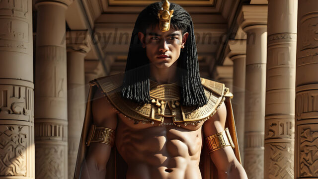 King Tutankhamun - Egyptian Pharaoh. An AI generated photo of the teenaged Egyptian Faro standing proud. Wearing a shendyt, leaving the legs & hips exposed, an elaborate headdresses, arm cuffs, and jewelry, to symbolize his power and divine status. The young Egyptian Faro is in an Grand Egyptian temple with golden pillars and vibrantly colored Egyptian hieroglyphs.