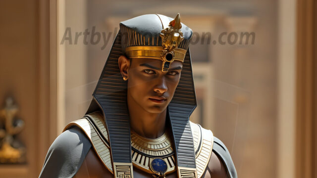 King Tutankhamun - Egyptian Pharaoh. An AI generated photo of the teenaged Egyptian Faro standing proud. Wearing a shendyt, leaving the legs & hips exposed, an elaborate headdresses, arm cuffs, and jewelry, to symbolize his power and divine status. The young Egyptian Faro is in an Grand Egyptian temple with golden pillars and vibrantly colored Egyptian hieroglyphs.