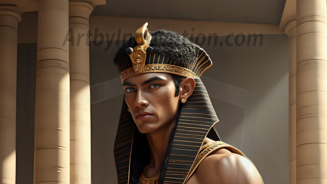 King Tutankhamun - Egyptian Pharaoh. An AI generated photo of the teenaged Egyptian Faro standing proud. Wearing a shendyt, leaving the legs & hips exposed, an elaborate headdresses, arm cuffs, and jewelry, to symbolize his power and divine status. The young Egyptian Faro is in an Grand Egyptian temple with golden pillars and vibrantly colored Egyptian hieroglyphs.