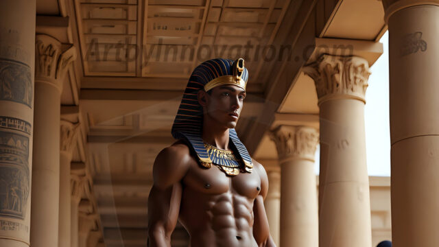 King Tutankhamun - Egyptian Pharaoh. An AI generated photo of the teenaged Egyptian Faro standing proud. Wearing a shendyt, leaving the legs & hips exposed, an elaborate headdresses, arm cuffs, and jewelry, to symbolize his power and divine status. The young Egyptian Faro is in an Grand Egyptian temple with golden pillars and vibrantly colored Egyptian hieroglyphs.