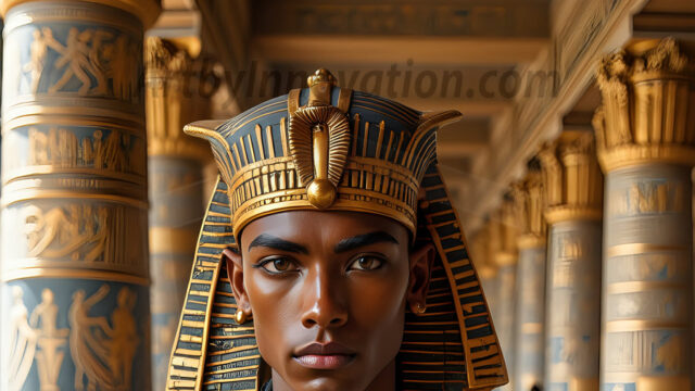 King Tutankhamun - Egyptian Pharaoh. An AI generated photo of the teenaged Egyptian Faro standing proud. Wearing a shendyt, leaving the legs & hips exposed, an elaborate headdresses, arm cuffs, and jewelry, to symbolize his power and divine status. The young Egyptian Faro is in an Grand Egyptian temple with golden pillars and vibrantly colored Egyptian hieroglyphs.