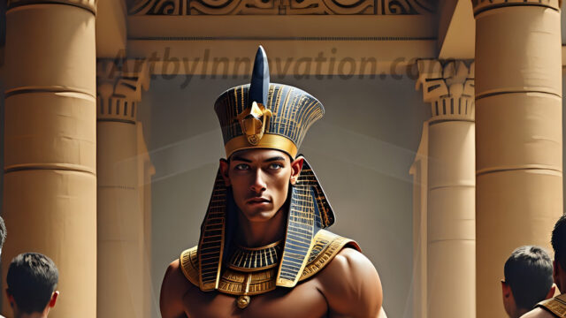 King Tutankhamun - Egyptian Pharaoh. An AI generated photo of the teenaged Egyptian Faro standing proud. Wearing a shendyt, leaving the legs & hips exposed, an elaborate headdresses, arm cuffs, and jewelry, to symbolize his power and divine status. The young Egyptian Faro is in an Grand Egyptian temple with golden pillars and vibrantly colored Egyptian hieroglyphs.