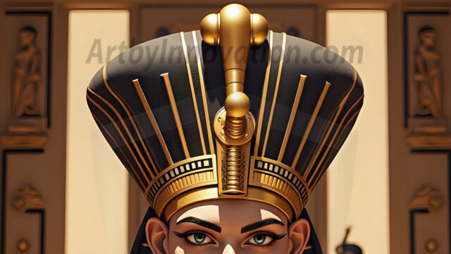 King Tutankhamun - Egyptian Pharaoh. An AI generated photo of the teenaged Egyptian Faro standing proud. Wearing a shendyt, leaving the legs & hips exposed, an elaborate headdresses, arm cuffs, and jewelry, to symbolize his power and divine status. The young Egyptian Faro is in an Grand Egyptian temple with golden pillars and vibrantly colored Egyptian hieroglyphs.