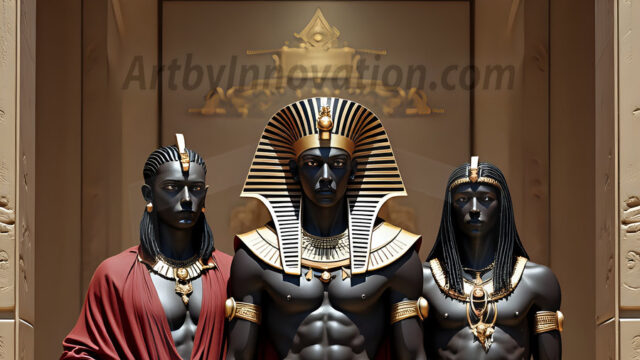 King Tutankhamun - Egyptian Pharaoh. An AI generated photo of the teenaged Egyptian Faro standing proud. Wearing a shendyt, leaving the legs & hips exposed, an elaborate headdresses, arm cuffs, and jewelry, to symbolize his power and divine status. The young Egyptian Faro is in an Grand Egyptian temple with golden pillars and vibrantly colored Egyptian hieroglyphs.