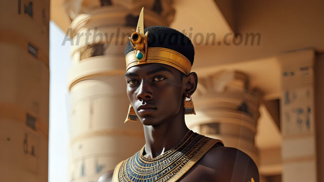 King Tutankhamun - Egyptian Pharaoh. An AI generated photo of the teenaged Egyptian Faro standing proud. Wearing a shendyt, leaving the legs & hips exposed, an elaborate headdresses, arm cuffs, and jewelry, to symbolize his power and divine status. The young Egyptian Faro is in an Grand Egyptian temple with golden pillars and vibrantly colored Egyptian hieroglyphs.