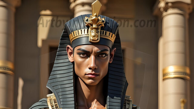 King Tutankhamun - Egyptian Pharaoh. An AI generated photo of the teenaged Egyptian Faro standing proud. Wearing a shendyt, leaving the legs & hips exposed, an elaborate headdresses, arm cuffs, and jewelry, to symbolize his power and divine status. The young Egyptian Faro is in an Grand Egyptian temple with golden pillars and vibrantly colored Egyptian hieroglyphs.