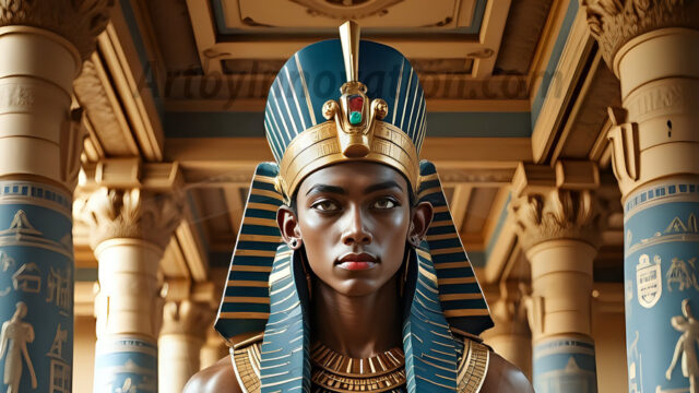 King Tutankhamun - Egyptian Pharaoh. An AI generated photo of the teenaged Egyptian Faro standing proud. Wearing a shendyt, leaving the legs & hips exposed, an elaborate headdresses, arm cuffs, and jewelry, to symbolize his power and divine status. The young Egyptian Faro is in an Grand Egyptian temple with golden pillars and vibrantly colored Egyptian hieroglyphs.