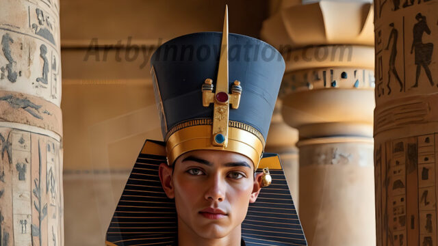 King Tutankhamun - Egyptian Pharaoh. An AI generated photo of the teenaged Egyptian Faro standing proud. Wearing a shendyt, leaving the legs & hips exposed, an elaborate headdresses, arm cuffs, and jewelry, to symbolize his power and divine status. The young Egyptian Faro is in an Grand Egyptian temple with golden pillars and vibrantly colored Egyptian hieroglyphs.