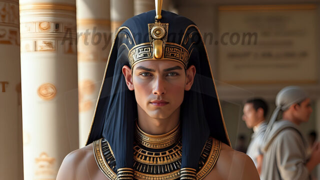 King Tutankhamun - Egyptian Pharaoh. An AI generated photo of the teenaged Egyptian Faro standing proud. Wearing a shendyt, leaving the legs & hips exposed, an elaborate headdresses, arm cuffs, and jewelry, to symbolize his power and divine status. The young Egyptian Faro is in an Grand Egyptian temple with golden pillars and vibrantly colored Egyptian hieroglyphs.