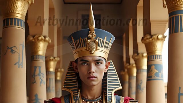 King Tutankhamun - Egyptian Pharaoh. An AI generated photo of the teenaged Egyptian Faro standing proud. Wearing a shendyt, leaving the legs & hips exposed, an elaborate headdresses, arm cuffs, and jewelry, to symbolize his power and divine status. The young Egyptian Faro is in an Grand Egyptian temple with golden pillars and vibrantly colored Egyptian hieroglyphs.