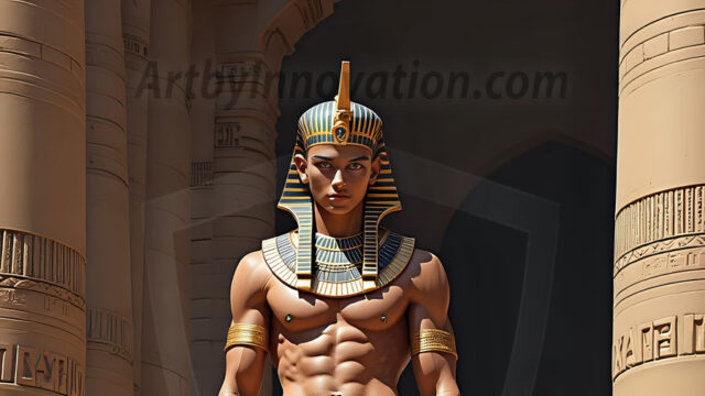 King Tutankhamun - Egyptian Pharaoh. An AI generated photo of the teenaged Egyptian Faro standing proud. Wearing a shendyt, leaving the legs & hips exposed, an elaborate headdresses, arm cuffs, and jewelry, to symbolize his power and divine status. The young Egyptian Faro is in an Grand Egyptian temple with golden pillars and vibrantly colored Egyptian hieroglyphs.
