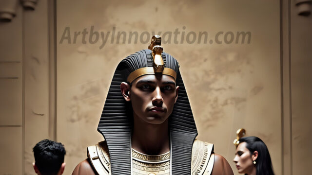 King Tutankhamun - Egyptian Pharaoh. An AI generated photo of the teenaged Egyptian Faro standing proud. Wearing a shendyt, leaving the legs & hips exposed, an elaborate headdresses, arm cuffs, and jewelry, to symbolize his power and divine status. The young Egyptian Faro is in an Grand Egyptian temple with golden pillars and vibrantly colored Egyptian hieroglyphs.