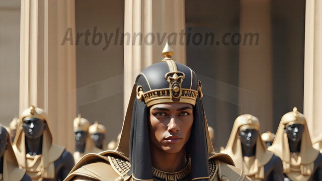 King Tutankhamun - Egyptian Pharaoh. An AI generated photo of the teenaged Egyptian Faro standing proud. Wearing a shendyt, leaving the legs & hips exposed, an elaborate headdresses, arm cuffs, and jewelry, to symbolize his power and divine status. The young Egyptian Faro is in an Grand Egyptian temple with golden pillars and vibrantly colored Egyptian hieroglyphs.