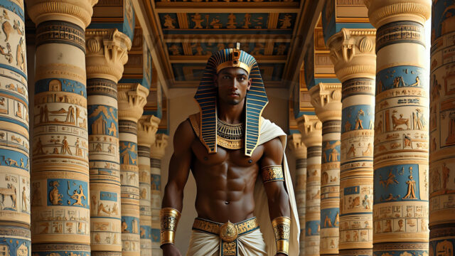 King Tutankhamun - Egyptian Pharaoh. An AI generated photo of the teenaged Egyptian Faro standing proud. Wearing a shendyt, leaving the legs & hips exposed, an elaborate headdresses, arm cuffs, and jewelry, to symbolize his power and divine status. The young Egyptian Faro is in an Grand Egyptian temple with golden pillars and vibrantly colored Egyptian hieroglyphs.