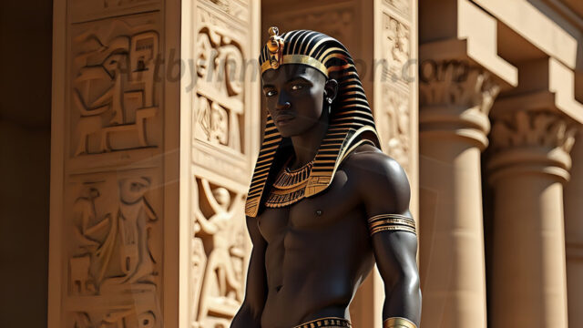 King Tutankhamun - Egyptian Pharaoh. An AI generated photo of the teenaged Egyptian Faro standing proud. Wearing a shendyt, leaving the legs & hips exposed, an elaborate headdresses, arm cuffs, and jewelry, to symbolize his power and divine status. The young Egyptian Faro is in an Grand Egyptian temple with golden pillars and vibrantly colored Egyptian hieroglyphs.
