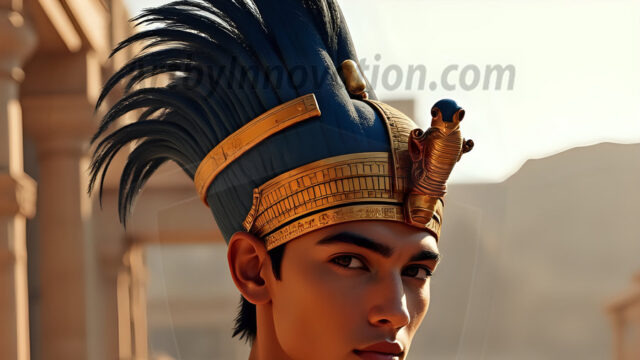 King Tutankhamun - Egyptian Pharaoh. An AI generated photo of the teenaged Egyptian Faro standing proud. Wearing a shendyt, leaving the legs & hips exposed, an elaborate headdresses, arm cuffs, and jewelry, to symbolize his power and divine status. The young Egyptian Faro is in an Grand Egyptian temple with golden pillars and vibrantly colored Egyptian hieroglyphs.