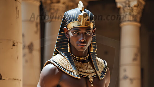 King Tutankhamun - Egyptian Pharaoh. An AI generated photo of the teenaged Egyptian Faro standing proud. Wearing a shendyt, leaving the legs & hips exposed, an elaborate headdresses, arm cuffs, and jewelry, to symbolize his power and divine status. The young Egyptian Faro is in an Grand Egyptian temple with golden pillars and vibrantly colored Egyptian hieroglyphs.